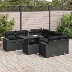 9 Pcs conjunto de sofás p/ jardim c/ almofadões vime PE preto