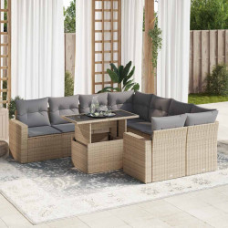 9 Pcs conjunto de sofás p/ jardim com almofadões vime PE bege