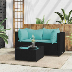 3 Pcs conjunto lounge de jardim c/ almofadões vime PE preto