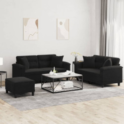 3 Pcs conjunto sofás c/ almofadas tecido de microfibra preto