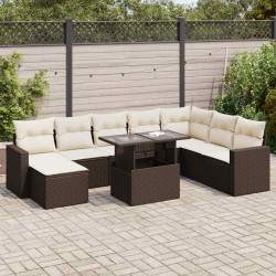 9 Pcs conjunto sofás p/ jardim c/ almofadões vime PE castanho