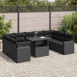 10 Pcs conjunto sofás de jardim c/ almofadões vime PE preto