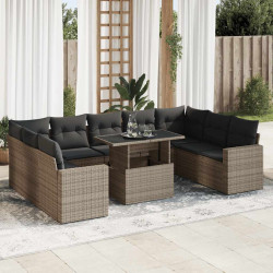 10 Pcs conjunto sofás de jardim c/ almofadões vime PE cinzento