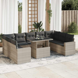 10 Pcs conj. sofás jardim com almofadões vime PE cinzento-claro