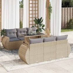 7 Pcs conjunto de sofás p/ jardim com almofadões vime PE bege