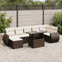 8 Pcs conjunto sofás de jardim c/ almofadões vime PE castanho