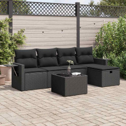 6 Pcs conjunto sofás de jardim c/ almofadões vime PE preto