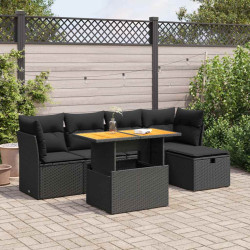6 Pcs conjunto sofás jardim c/ almofadões vime PE/acácia preto