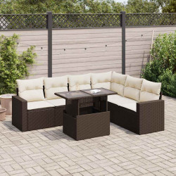 7 Pcs conjunto de sofás jardim c/ almofadões vime PE castanho