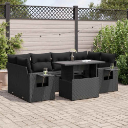 7 Pcs conjunto de sofás p/ jardim c/ almofadões vime PE preto