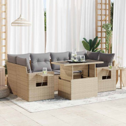 7 Pcs conjunto de sofás p/ jardim com almofadões vime PE bege