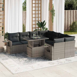 9 Pcs conjunto sofás p/ jardim com almofadões vime PE cinzento