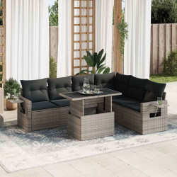 7 Pcs conjunto sofás p/ jardim c/ almofadões vime PE cinzento
