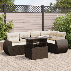 6 Pcs conjunto de sofás jardim c/ almofadões vime PE castanho