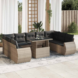 10 Pcs conjunto sofás de jardim c/ almofadões vime PE cinzento