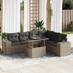 7 Pcs conjunto sofás p/ jardim c/ almofadões vime PE cinzento