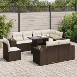 9 Pcs conjunto sofás p/ jardim c/ almofadões vime PE castanho