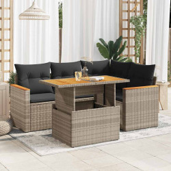 5 Pcs conjunto sofás de jardim c/ almofadões acácia e vime PE