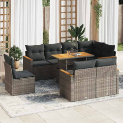 9 Pcs conjunto sofás jardim almofadões vime PE/acácia cinzento