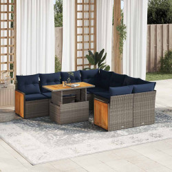 9 Pcs conjunto sofás jardim almofadões vime PE/acácia cinzento