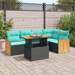 6 Pcs conjunto sofás jardim c/ almofadões vime PE/acácia preto