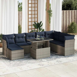 9 Pcs conjunto sofás jardim almofadões vime PE/acácia cinzento