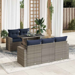6 Pcs conjunto sofás jardim com almofadões PE/acácia cinzento