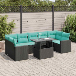 8 Pcs conjunto sofás jardim com almofadões vime PE/acácia preto