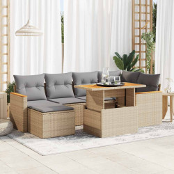7 Pcs conjunto sofás jardim com almofadões vime PE/acácia bege