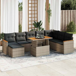 9 Pcs conjunto sofás jardim almofadões vime PE/acácia cinzento