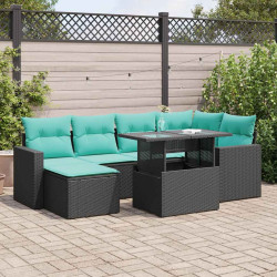 7 Pcs conjunto sofás jardim c/ almofadões vime PE/acácia preto
