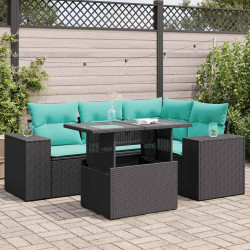 5 Pcs conjunto sofás jardim c/ almofadões vime PE/acácia preto