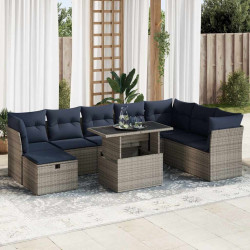 9 Pcs conjunto sofás jardim almofadões vime PE/acácia cinzento