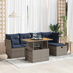 6 Pcs conjunto sofás jardim com almofadões PE/acácia cinzento