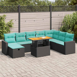 9 Pcs conjunto sofás p/ jardim almofadões vime PE/acácia preto