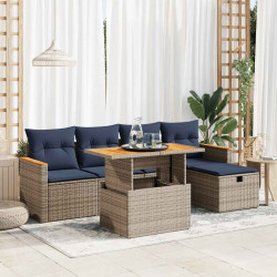 6 Pcs conjunto sofás jardim com almofadões PE/acácia cinzento