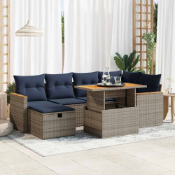 7 Pcs conjunto sofás jardim c/ almofadões vime PE/acácia cinzento