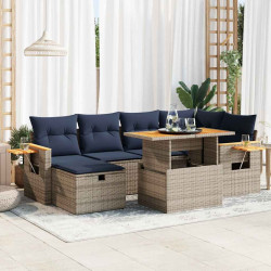 7 Pcs conjunto sofás jardim c/ almofadões vime PE/acácia cinzento
