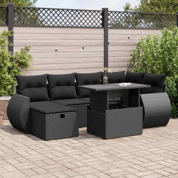7 Pcs conjunto de sofás p/ jardim c/ almofadões vime PE preto