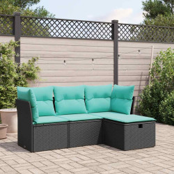 4 Pcs conjunto de sofás para jardim c/ almofadões vime PE preto