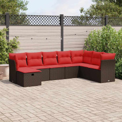 8 Pcs conjunto sofás de jardim c/ almofadões vime PE castanho
