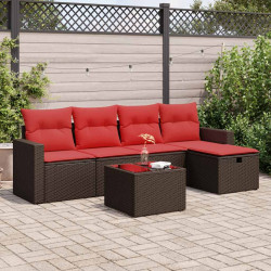 6 Pcs conjunto de sofás jardim c/ almofadões vime PE castanho