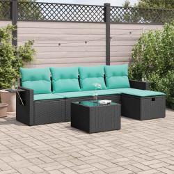 6 Pcs conjunto sofás de jardim c/ almofadões vime PE preto
