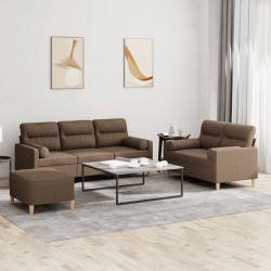 3 Pcs conjunto de sofás com almofadas tecido castanho