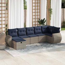7 Pcs conjunto sofás p/ jardim c/ almofadões vime PE cinzento