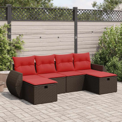 6 Pcs conjunto de sofás jardim c/ almofadões vime PE castanho