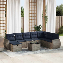 9 Pcs conjunto sofás p/ jardim com almofadões vime PE cinzento