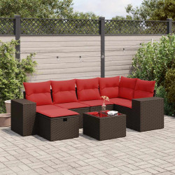 7 Pcs conjunto de sofás jardim c/ almofadões vime PE castanho