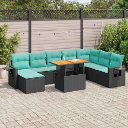 9 Pcs conjunto de sofás p/ jardim c/ almofadões vime PE preto