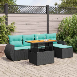 6 Pcs conjunto sofás de jardim c/ almofadões vime PE preto